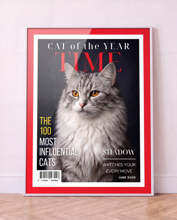 Cat of the Year personalised magazine cover poster of a grey tabby cat named Shadow, in a white frame