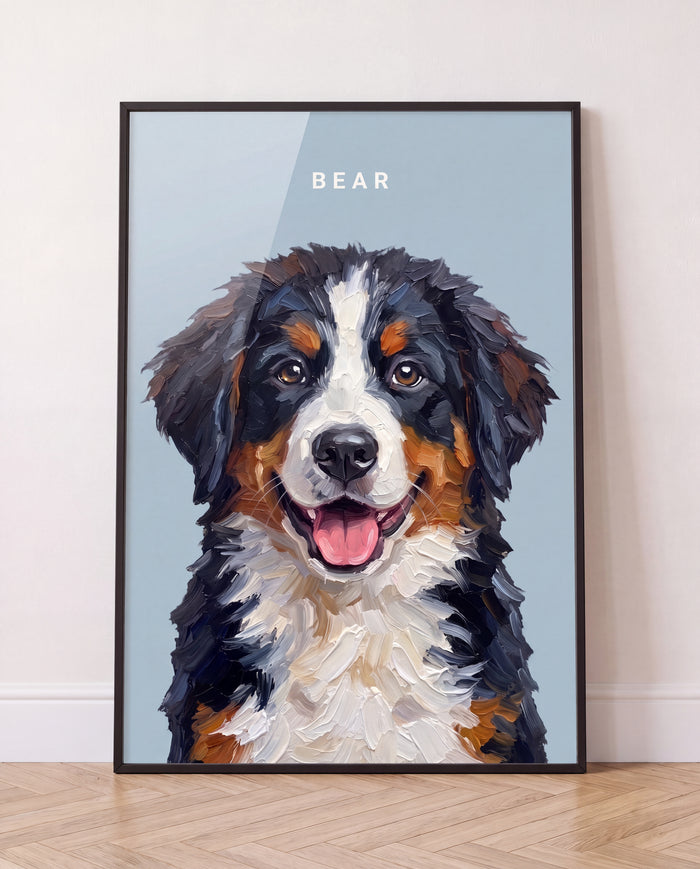 Custom pet portrait of a Bernese mountain dog named Bear in a black frame