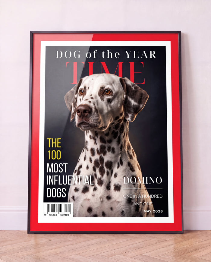 Personalised Dog of the Year magazine cover print of a dalmatian named Domino in a black metal frame